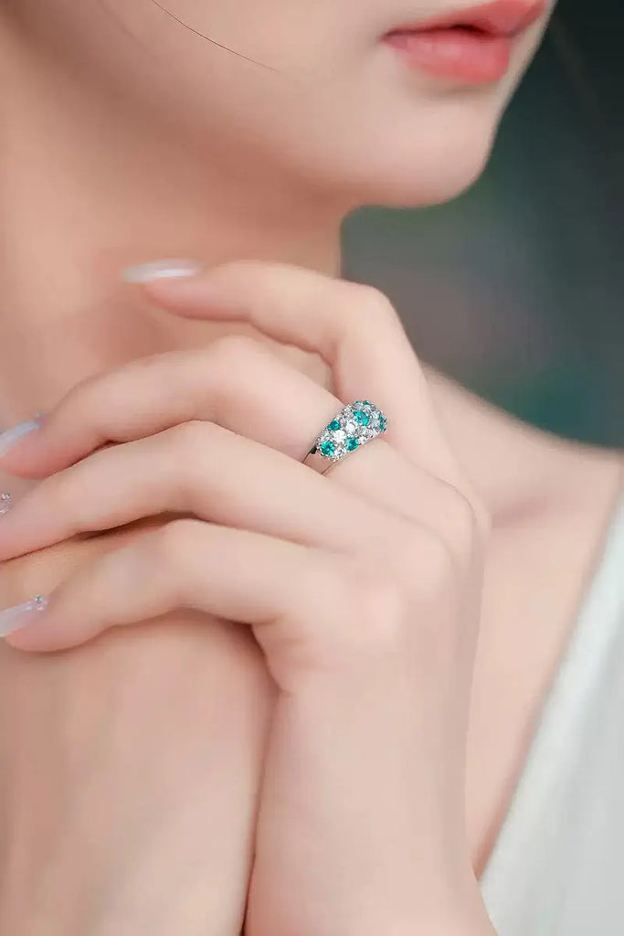 Fibflx Women's Moissanite Simulated Paraiba Tourmaline Pave Ring in Rhodium Plated Sterling Silver