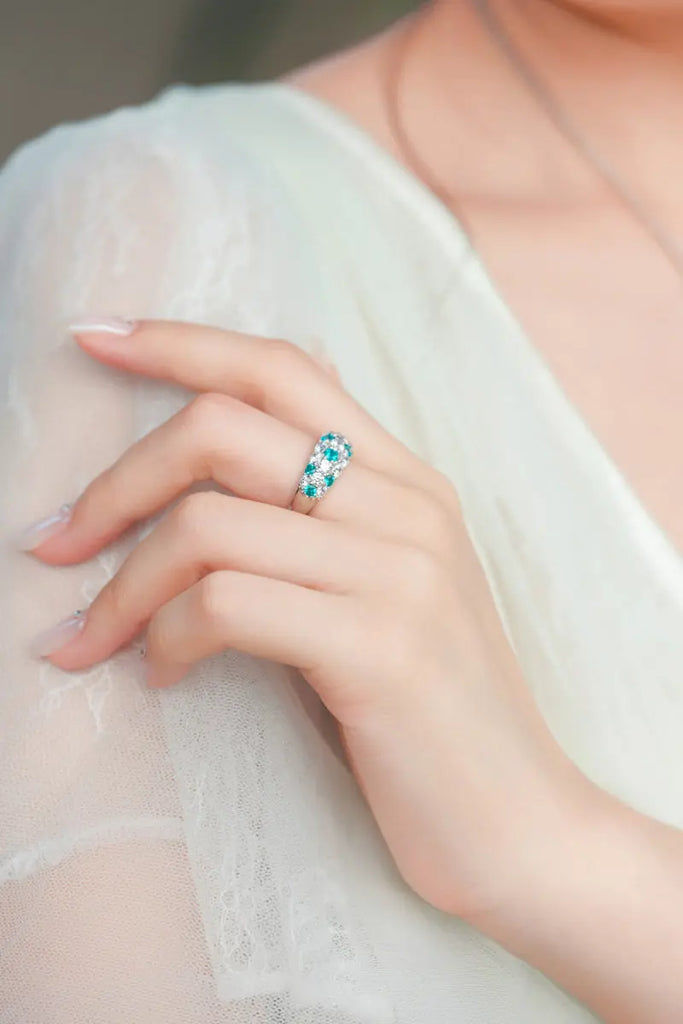 Fibflx Women's Moissanite Simulated Paraiba Tourmaline Pave Ring in Rhodium Plated Sterling Silver