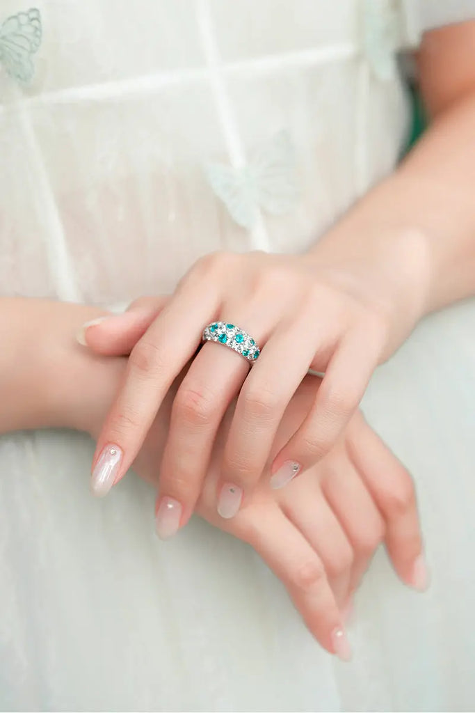 Fibflx Women's Moissanite Simulated Paraiba Tourmaline Pave Ring in Rhodium Plated Sterling Silver