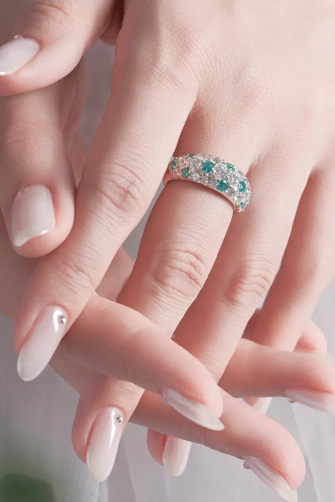 Fibflx Women's Moissanite Simulated Paraiba Tourmaline Pave Ring in Rhodium Plated Sterling Silver