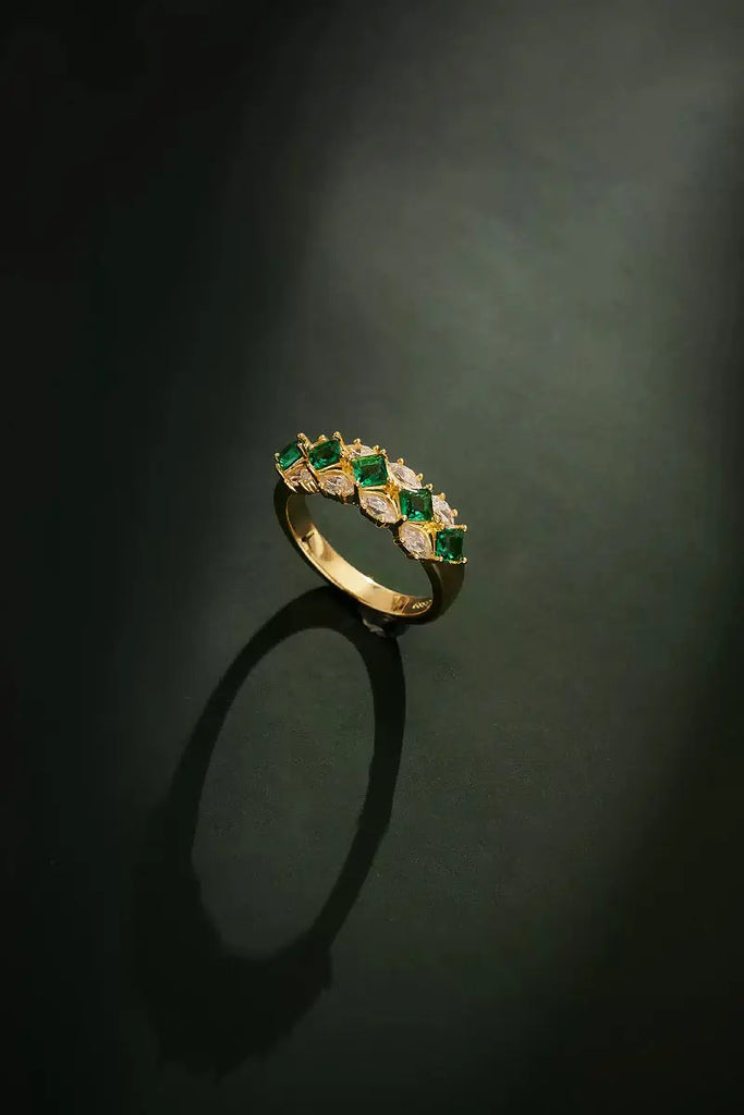 Moissanite & Green Spinel Half Eternity Ring in Gold Plated Sterling Silver Fibflx