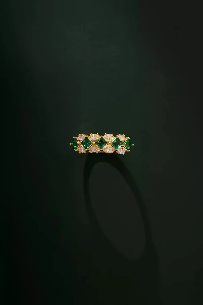 Moissanite & Green Spinel Half Eternity Ring in Gold Plated Sterling Silver Fibflx