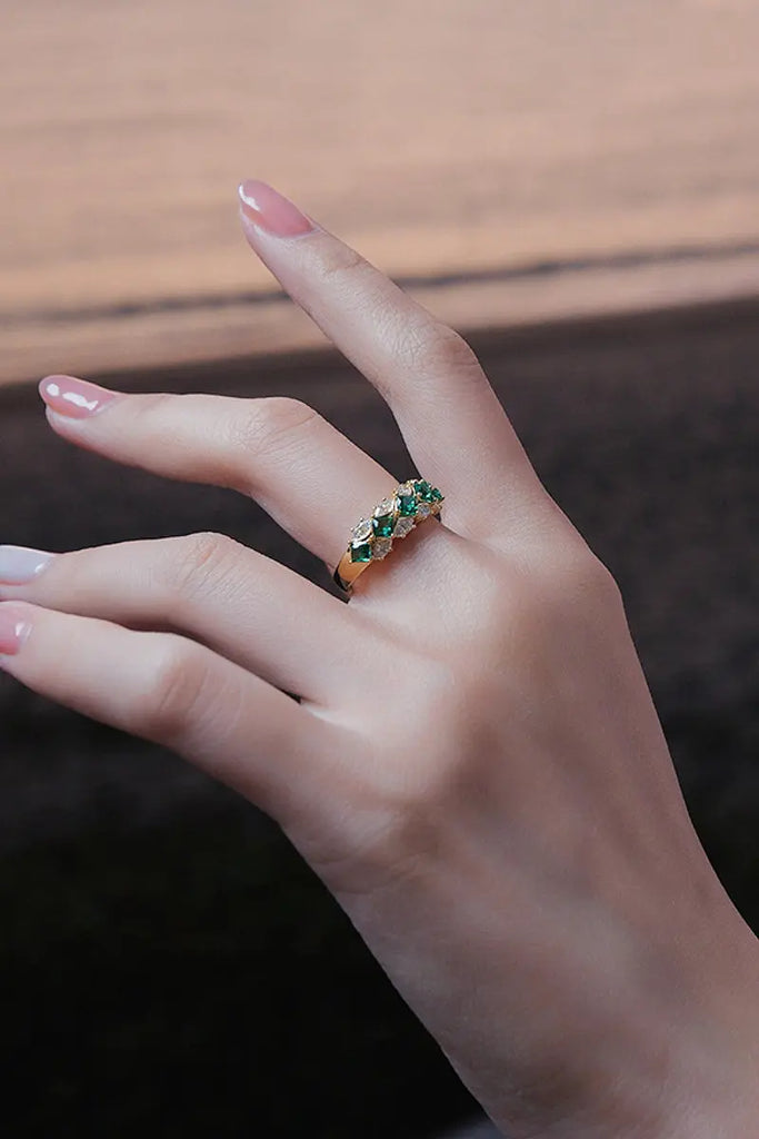 Moissanite & Green Spinel Half Eternity Ring in Gold Plated Sterling Silver Fibflx