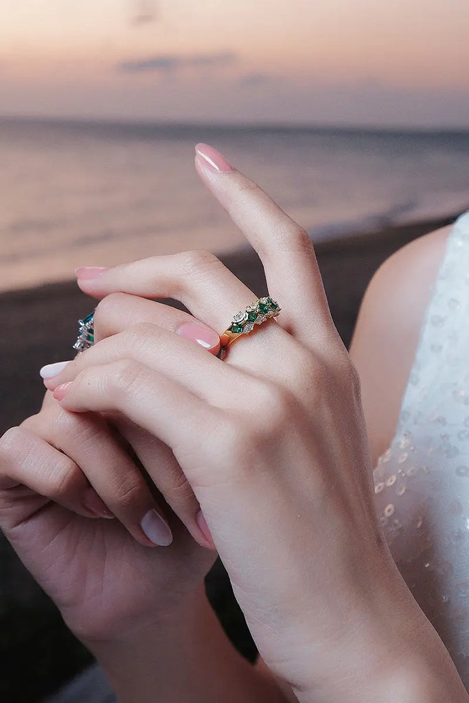 Moissanite & Green Spinel Half Eternity Ring in Gold Plated Sterling Silver Fibflx