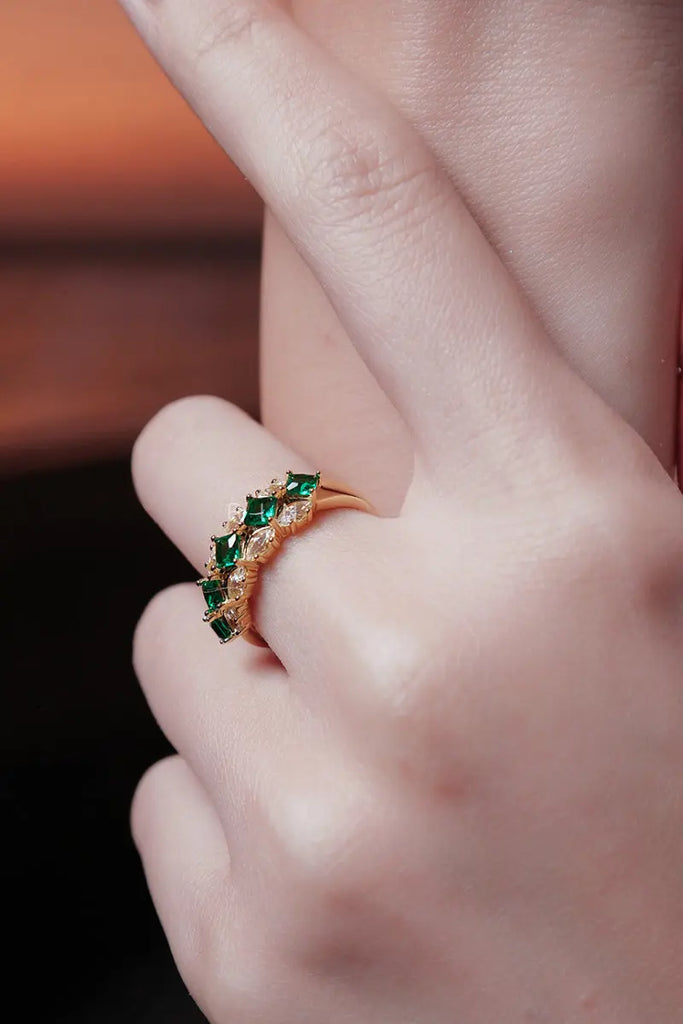 Moissanite & Green Spinel Half Eternity Ring in Gold Plated Sterling Silver Fibflx