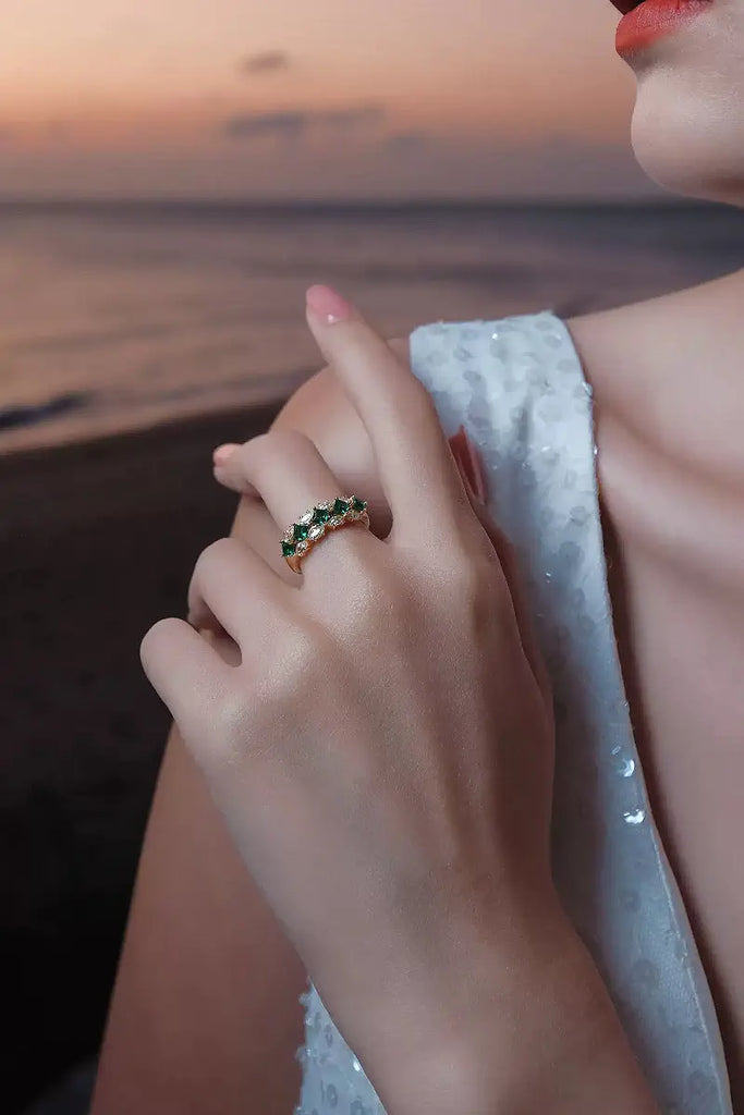 Moissanite & Green Spinel Half Eternity Ring in Gold Plated Sterling Silver Fibflx