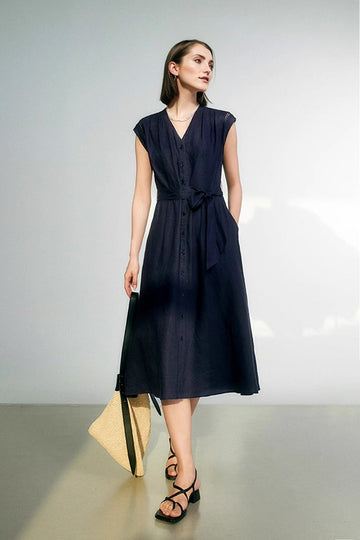 Navy Blue 100 Linen Cap-Sleeve Button-Front Belted Midi Dress Fibflx