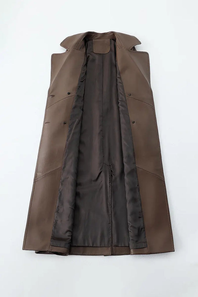 Fibflx Women's New Zealand Lambskin Leather Double Breasted Trench Coat with Belt