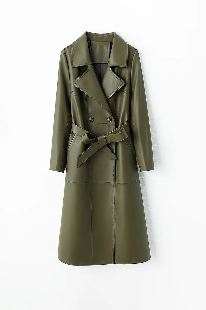 Fibflx Women's New Zealand Lambskin Leather Double Breasted Trench Coat with Belt