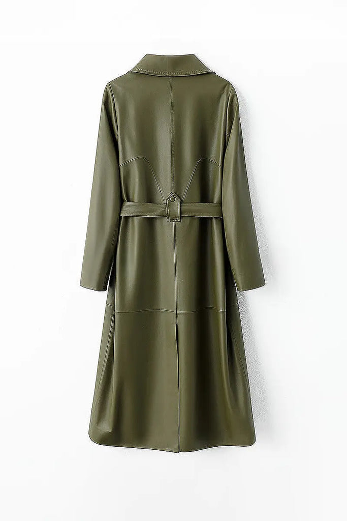 Fibflx Women's New Zealand Lambskin Leather Double Breasted Trench Coat with Belt