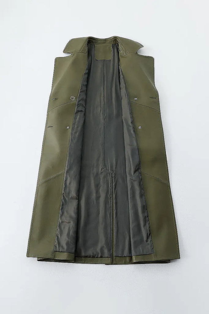 Fibflx Women's New Zealand Lambskin Leather Double Breasted Trench Coat with Belt