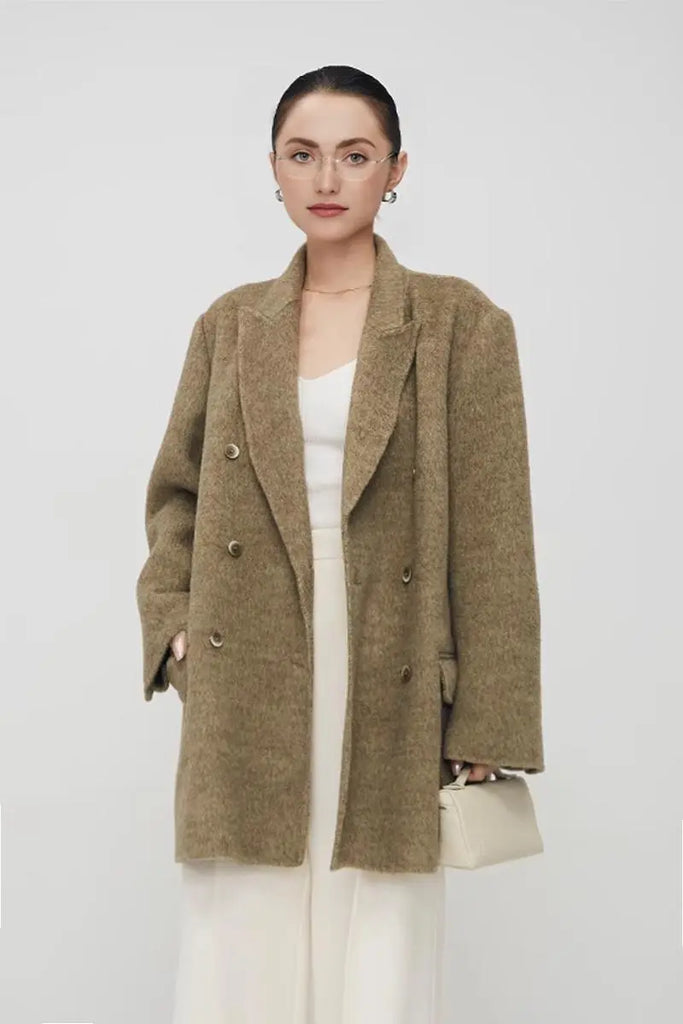 Fibflx Women's Notched Lapel Double-Breasted Wool Coat