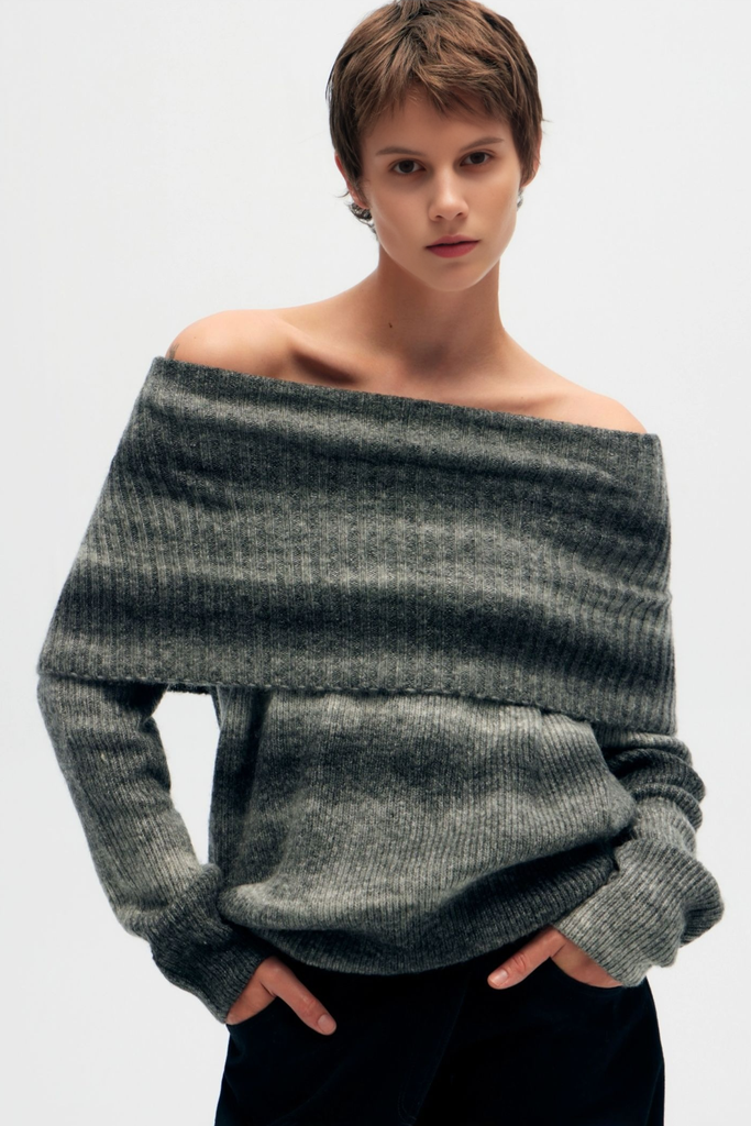 Ombre Fold-Over Off The Shoulder Wool Sweater Fibflx