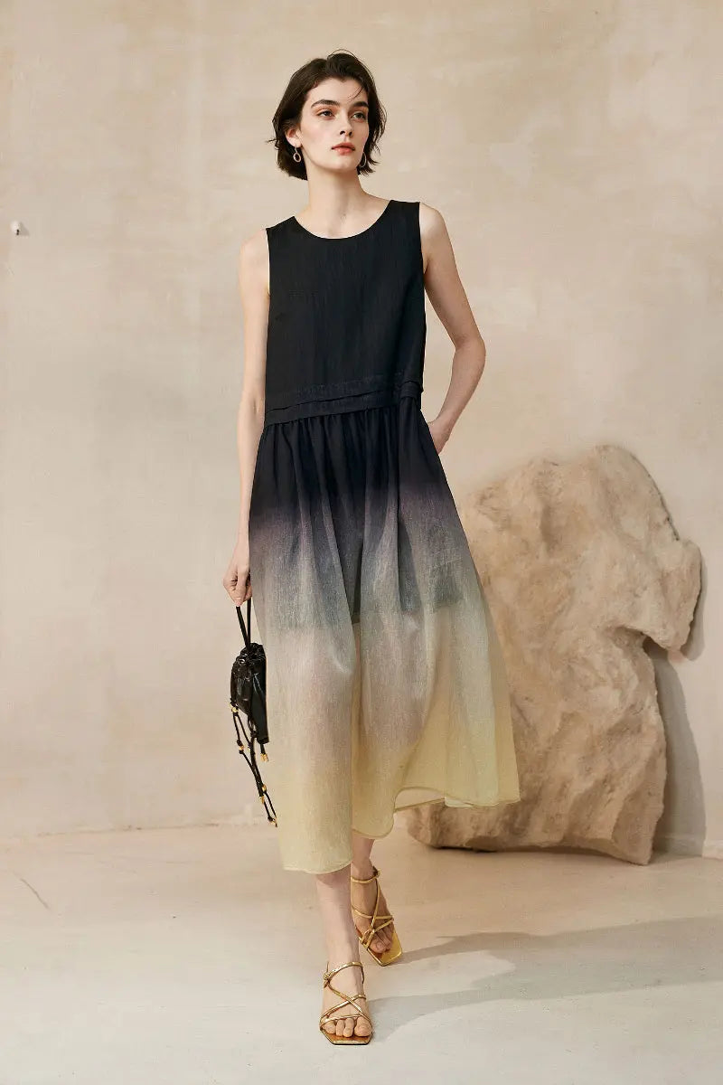 Ombre Sleeveless Linen Midi Dress Black / Xs