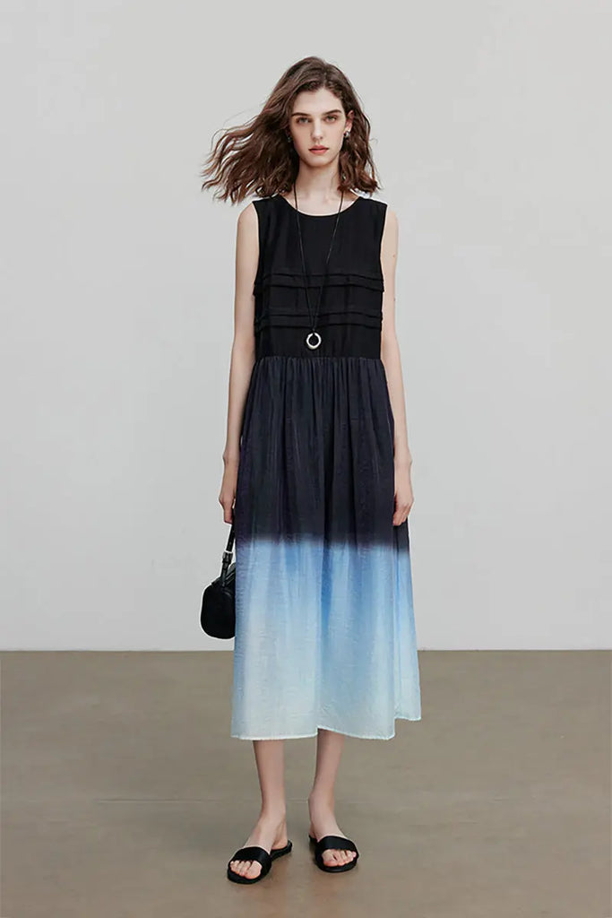 Ombre Sleeveless Trapeze Midi Dresss  Fibflx