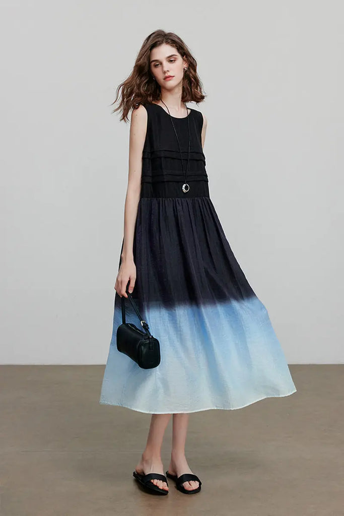 Ombre Sleeveless Trapeze Midi Dresss  Fibflx