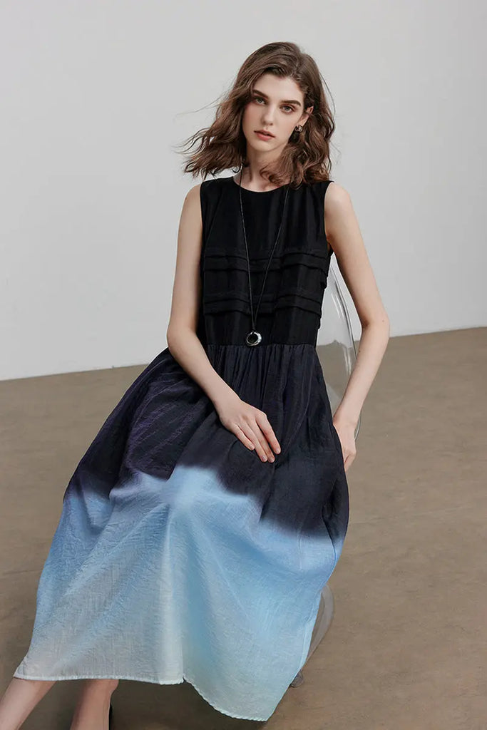 Ombre Sleeveless Trapeze Midi Dresss  Fibflx
