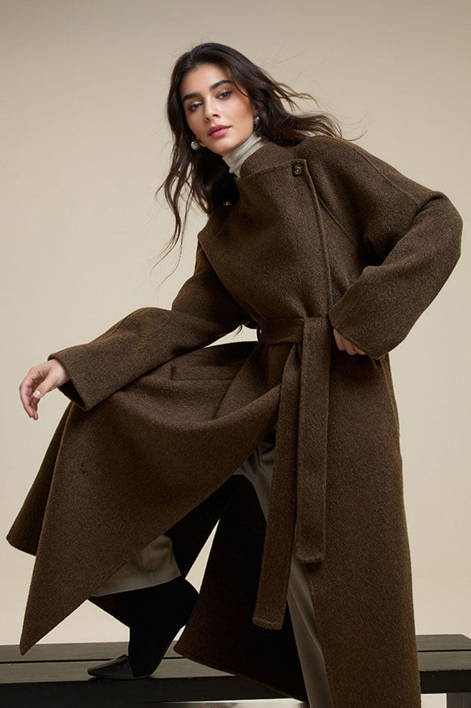 Fibflx Women's One-Button Double Faced Wool Wrap Coat with Belt