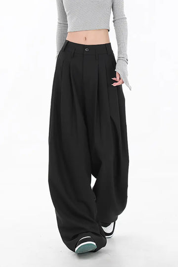 Fibflx Women's One-Button Loose Pleated Wide-Leg Pants