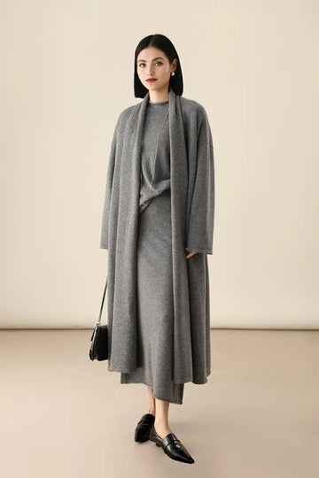 Open-Front Shawl Collar Cashmere Duster Cardigan With Rolled Hem Fibflx