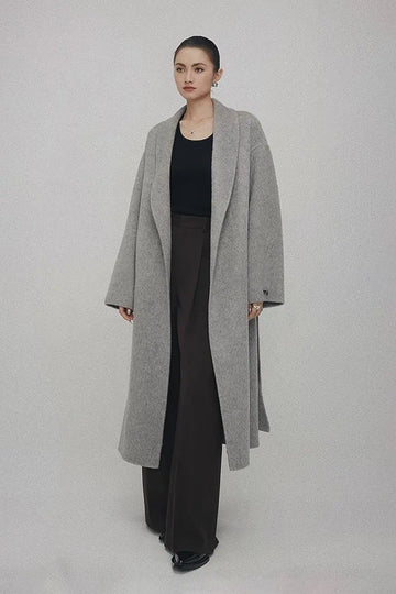 Fibflx Women's Oversized 100 Wool Open-Front Coat with Belt