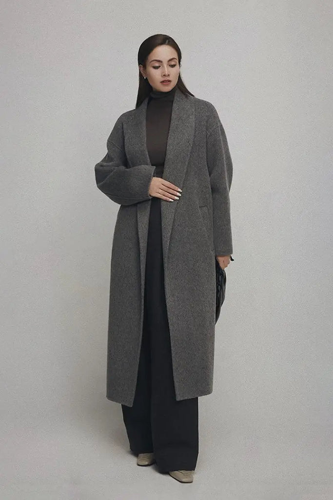 Fibflx Women's Oversized 100 Wool Open-Front Coat with Belt