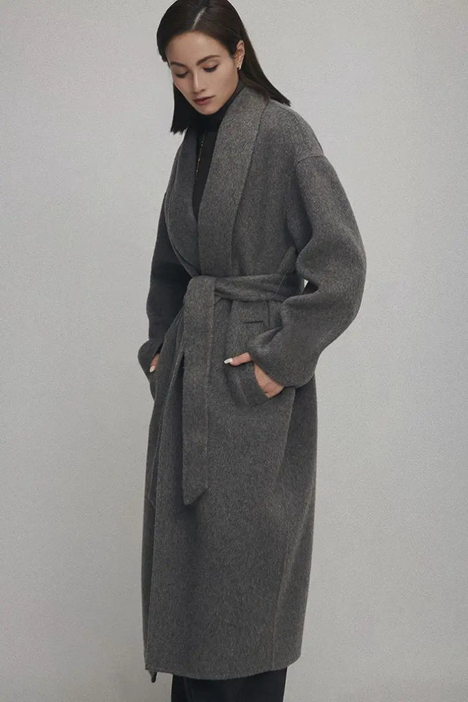 Fibflx Women's Oversized 100 Wool Open-Front Coat with Belt