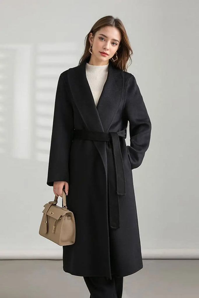 Oversized 100 Wool Open-Front Coat with Belt Fibflx