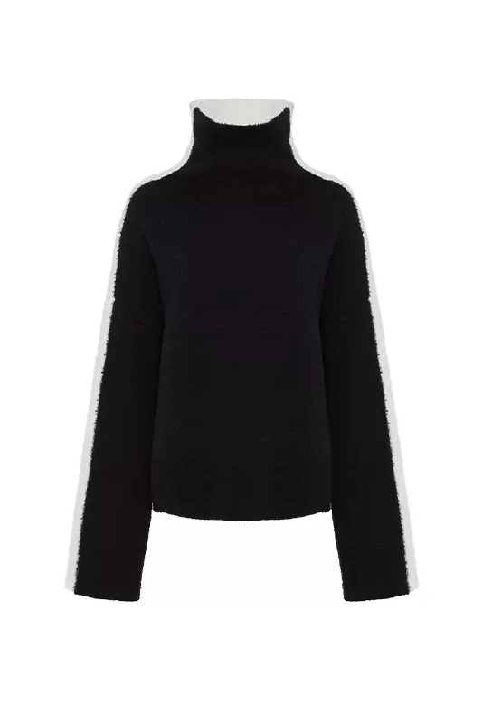 Fibflx Women's Oversized Black And White Turtleneck Wool Sweater