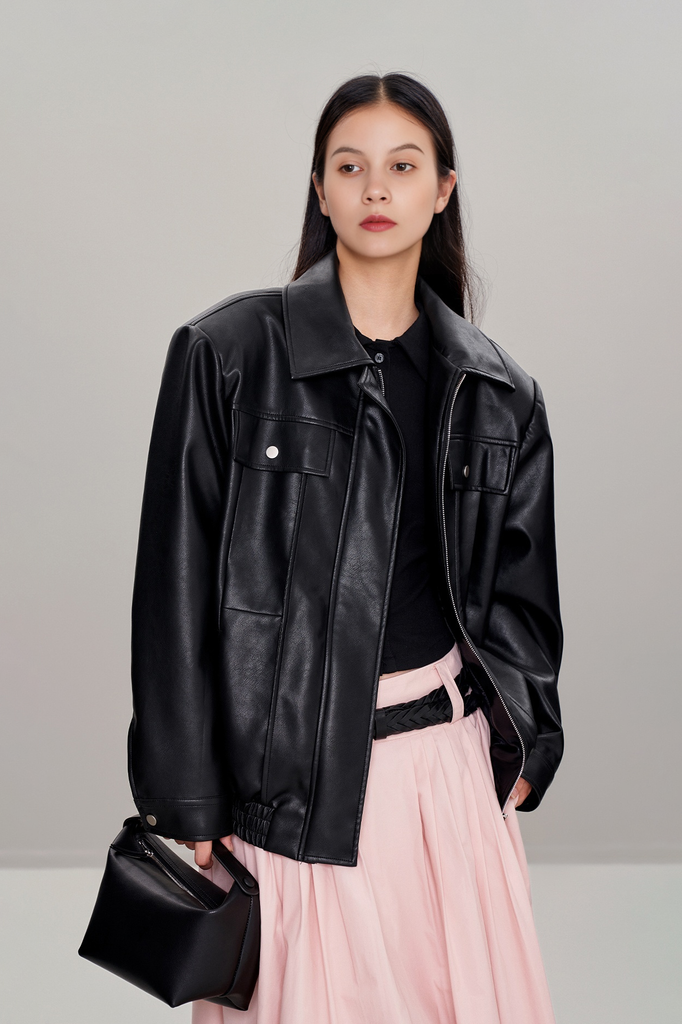 Oversized Black Faux-leather Moto Jacket Fibflx