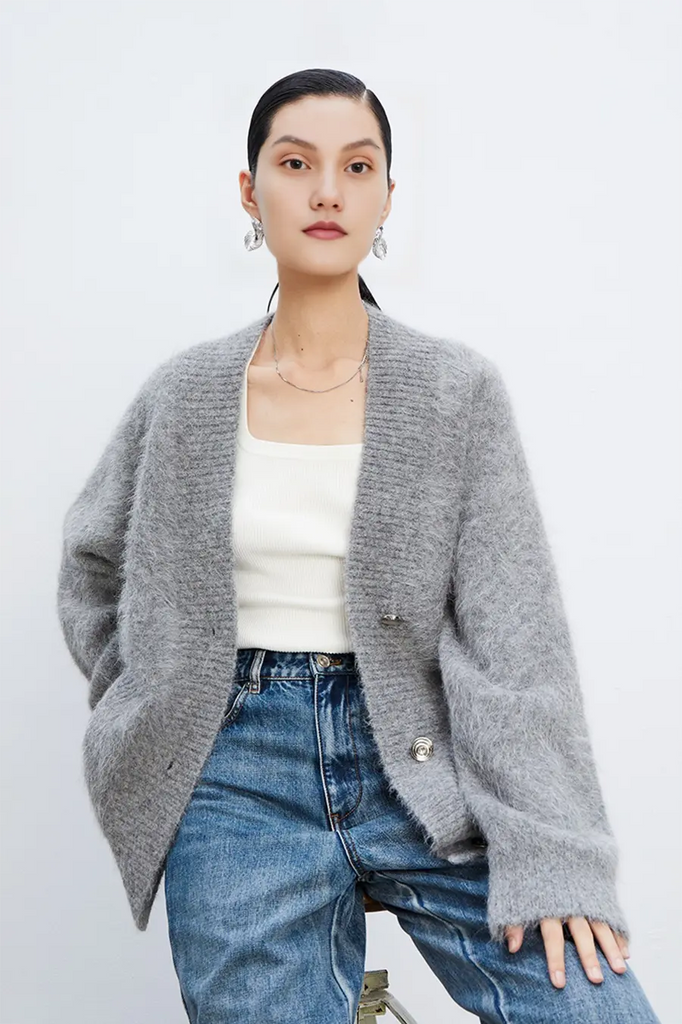 Oversized Button-up Fuzzy Brushed Alpaca Cardigan Fibflx