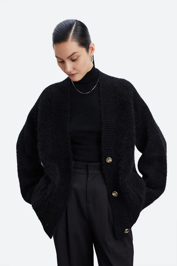 Oversized Button-up Fuzzy Brushed Alpaca Cardigan Fibflx