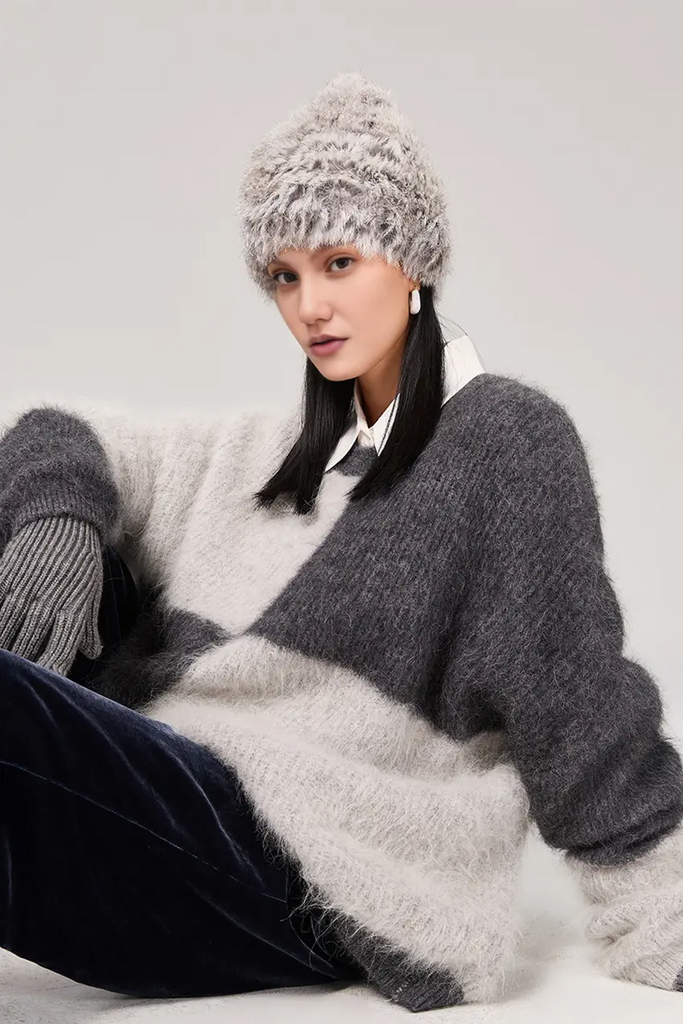 Oversized Color-Block Alpaca Crewneck Sweater Fibflx