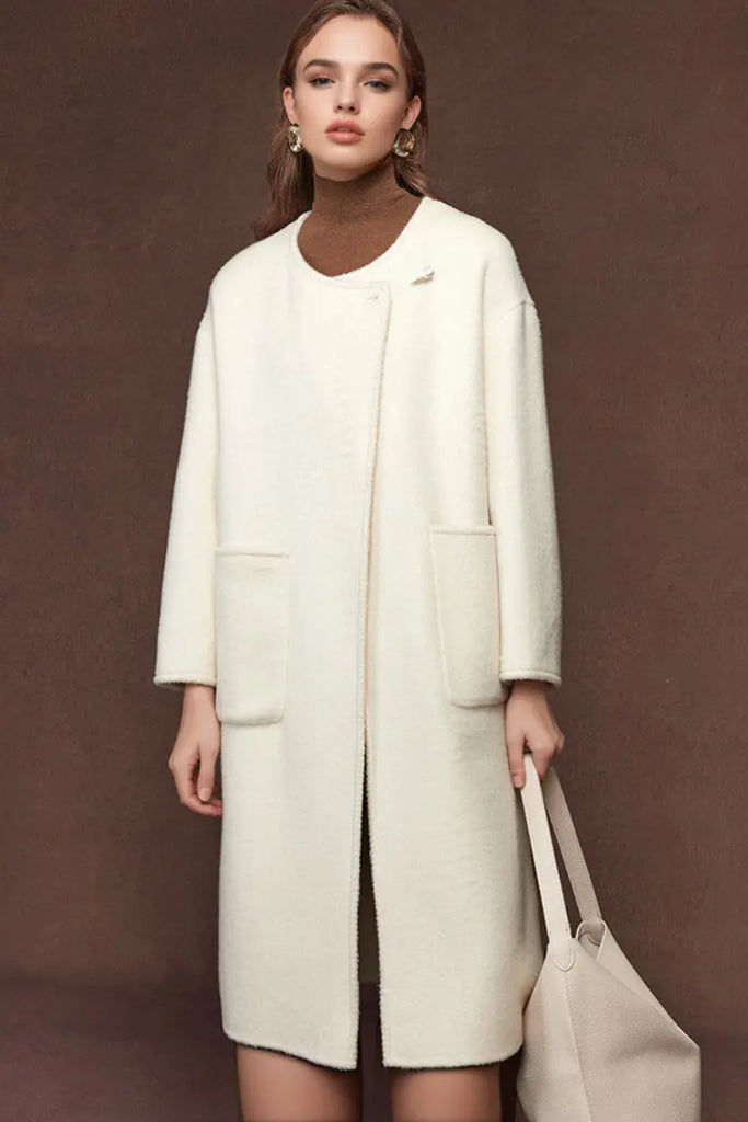 Fibflx Women's Oversized Crewneck Double Faced Long Wool Coat with Scarf