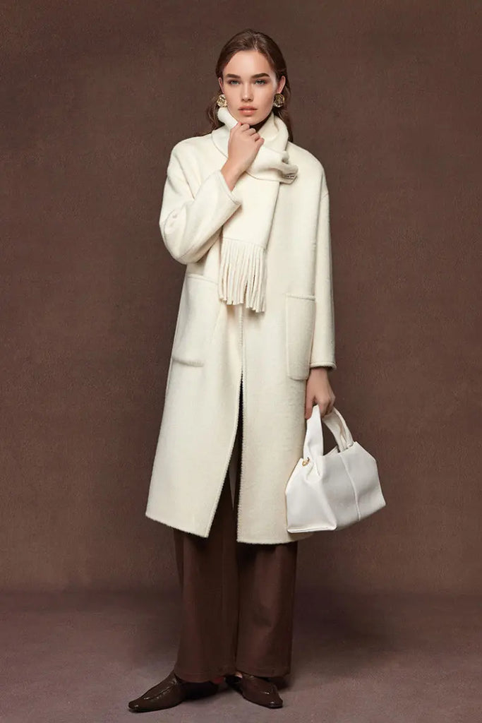 Fibflx Women's Oversized Crewneck Double Faced Long Wool Coat with Scarf