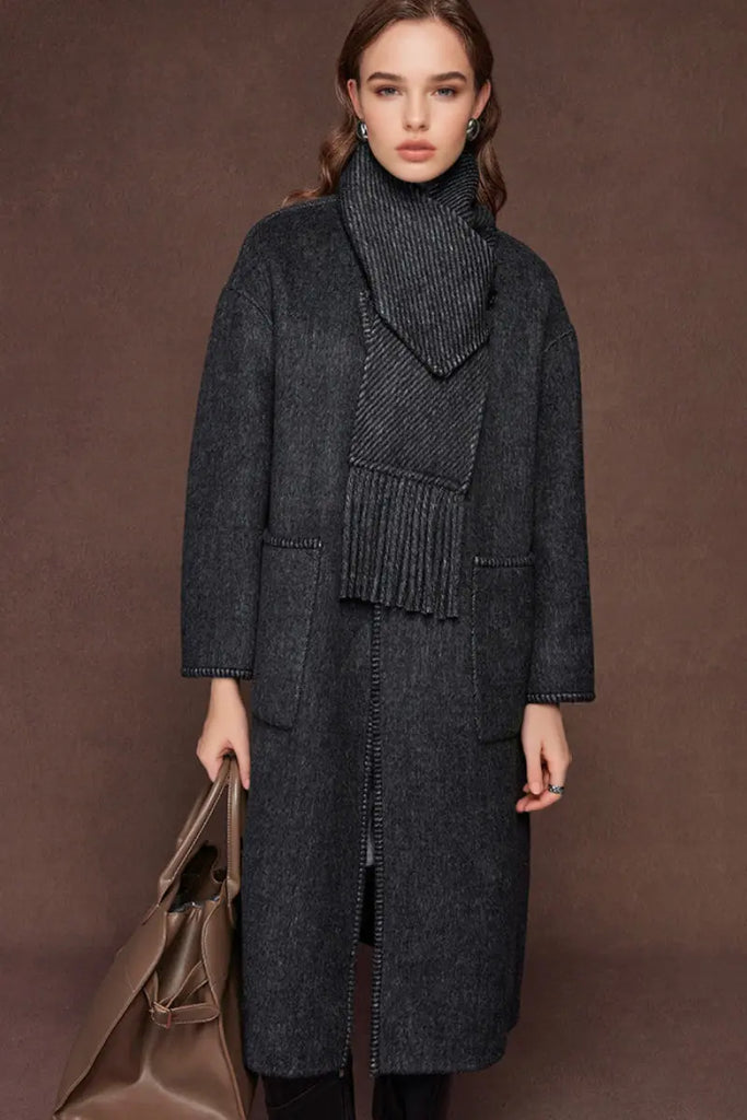 Fibflx Women's Oversized Crewneck Double Faced Long Wool Coat with Scarf