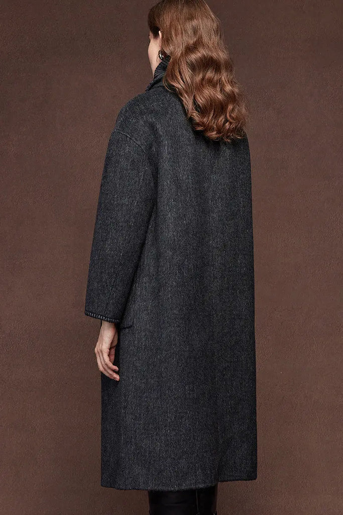 Fibflx Women's Oversized Crewneck Double Faced Long Wool Coat with Scarf