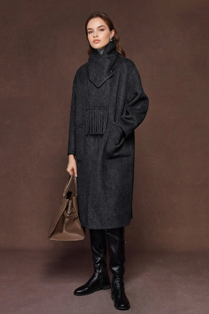 Fibflx Women's Oversized Crewneck Double Faced Long Wool Coat with Scarf