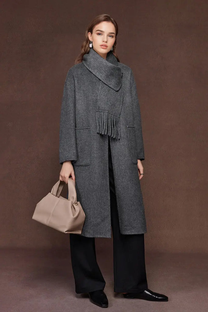 Fibflx Women's Oversized Crewneck Double Faced Long Wool Coat with Scarf