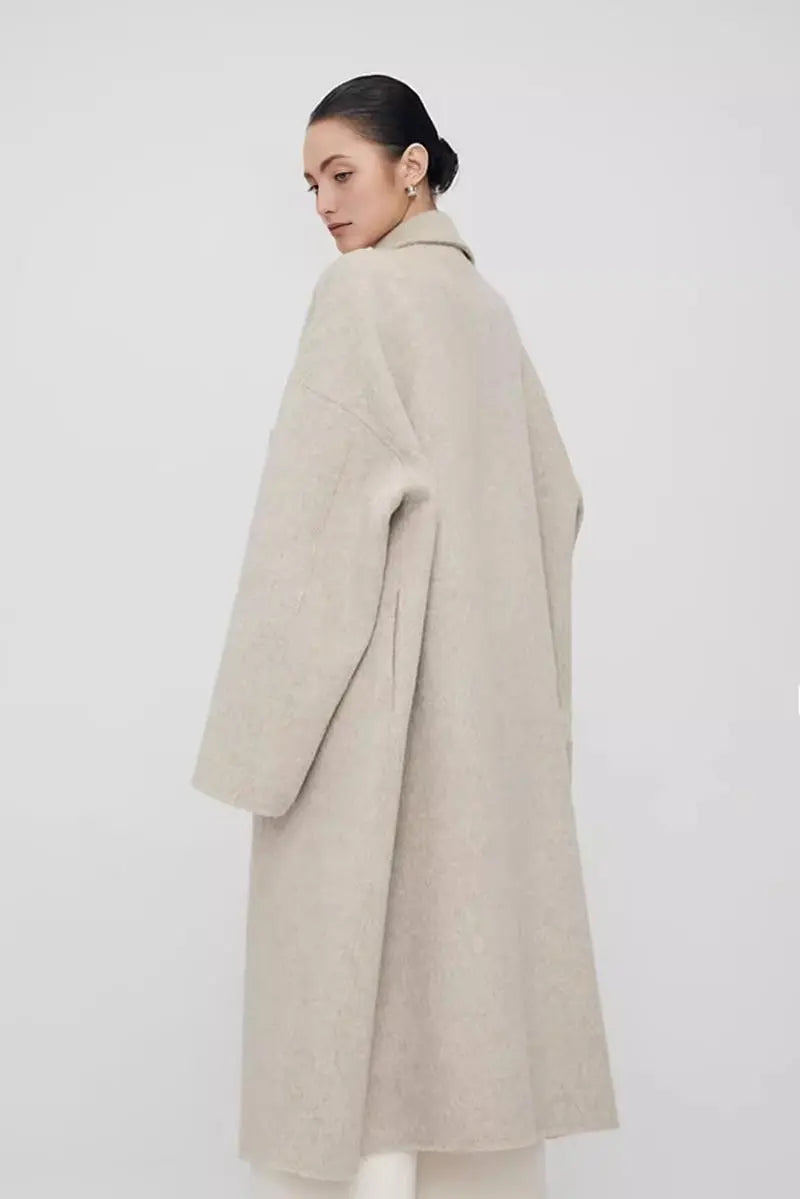 Fibflx Women's Oversized Double-breasted Wool CoatWith Lapel Collar