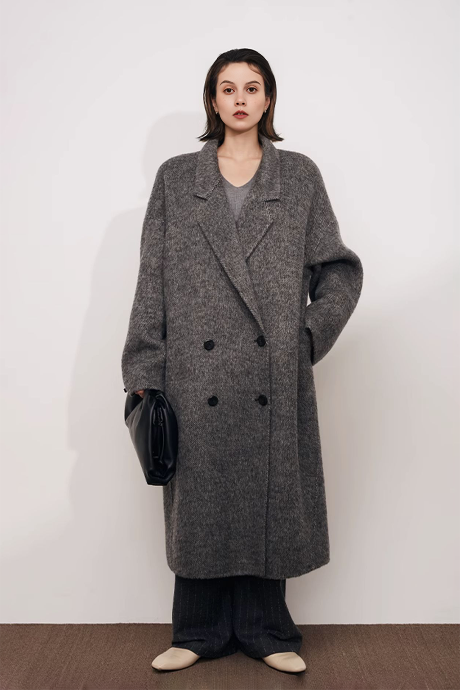Fibflx Women's Oversized Double-breasted Wool CoatWith Lapel Collar