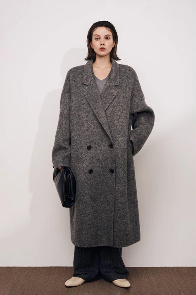 Oversized Double-breasted Long Wool Coat With Lapel Collar Fibflx