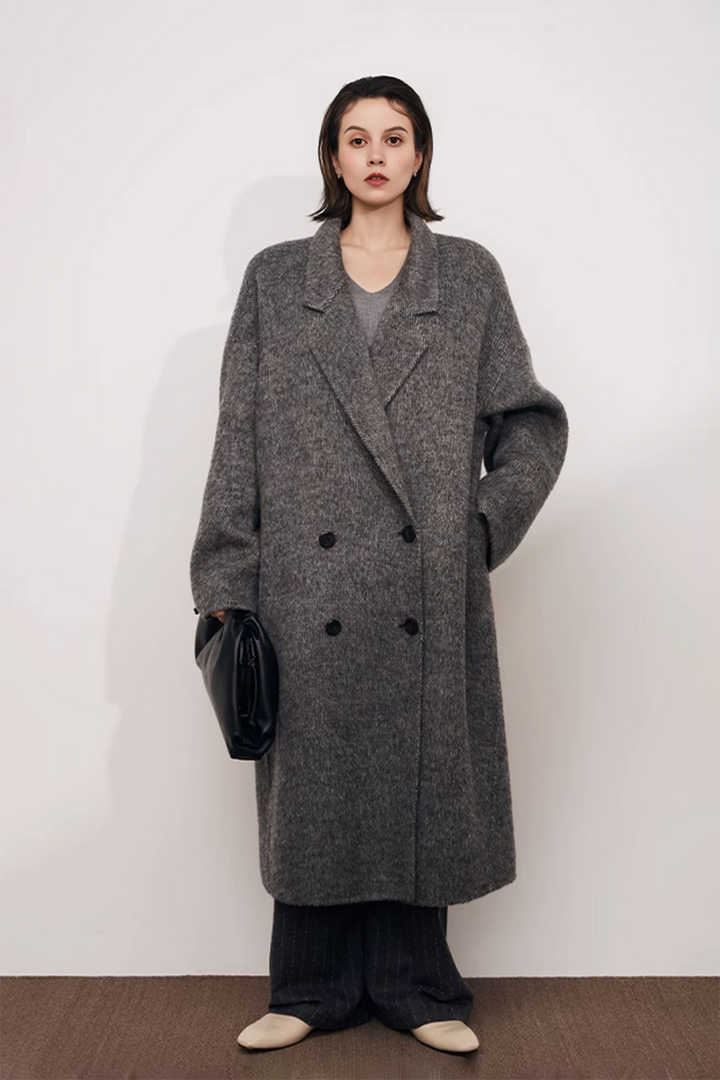 Fibflx Women's Oversized Double-breasted Long Wool Coat With Lapel Collar