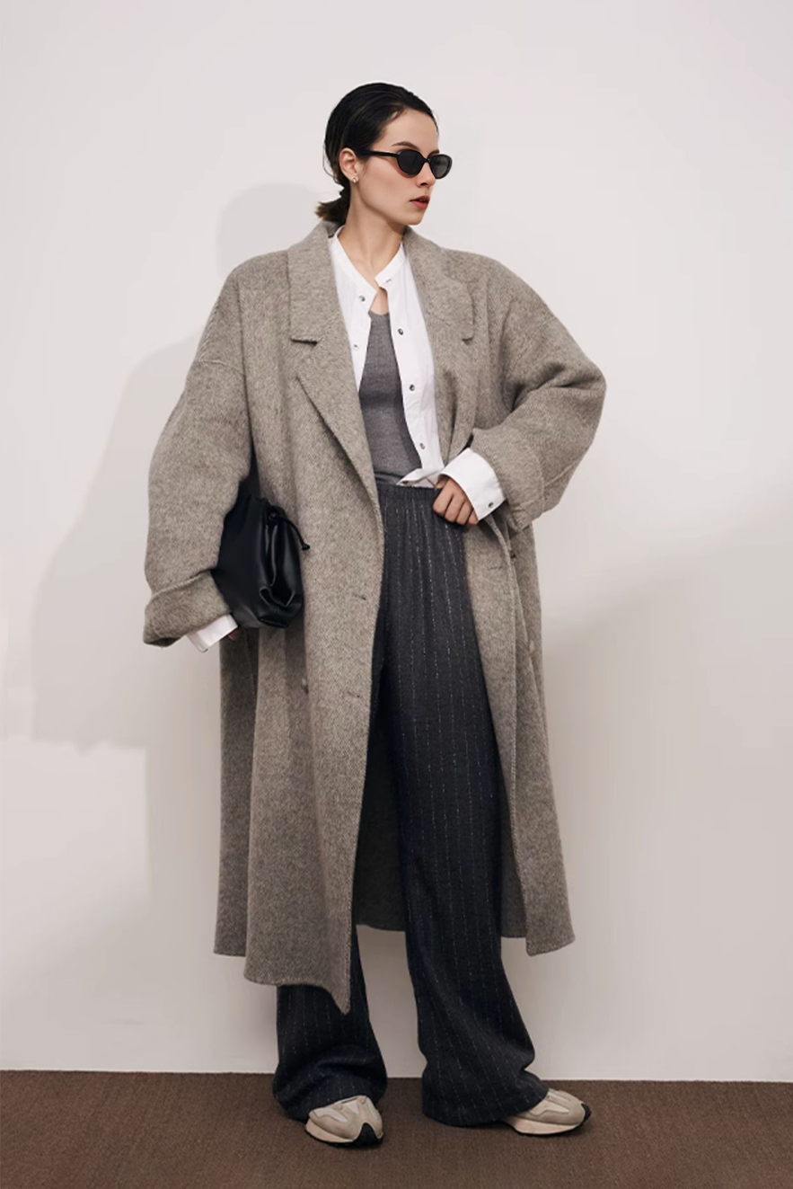 Fibflx Women's Oversized Double-breasted Wool CoatWith Lapel Collar