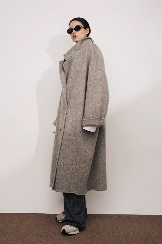 Fibflx Women s Oversized Double Breasted Long Wool Coat Shop Trench Coat L Paris Rain Grey 90 Wool 10 Alpaca