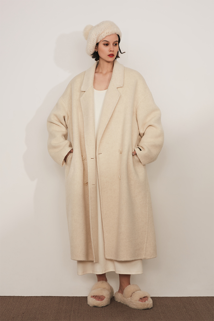 Fibflx Women's Oversized Double-breasted Wool CoatWith Lapel Collar