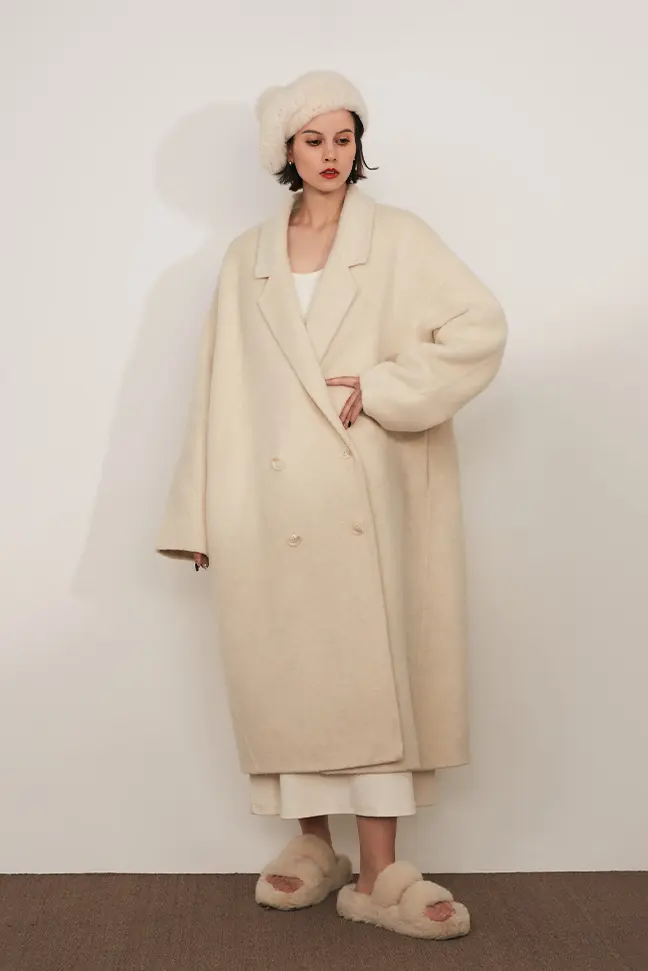 Fibflx Women's Oversized Double-breasted Wool CoatWith Lapel Collar