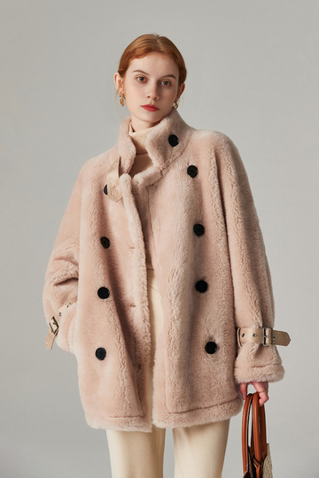 Oversized Double-breasted Shearling Coat With Stand Collar Fibflx