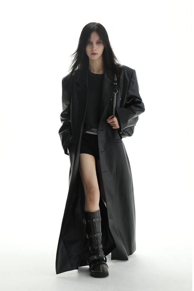 Oversized Faux-leather Black Trench Coat Fibflx