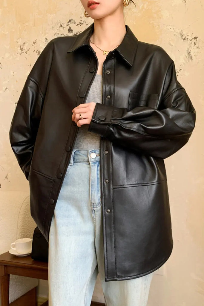 Fibflx Women's Oversized Leather Shacket in Black